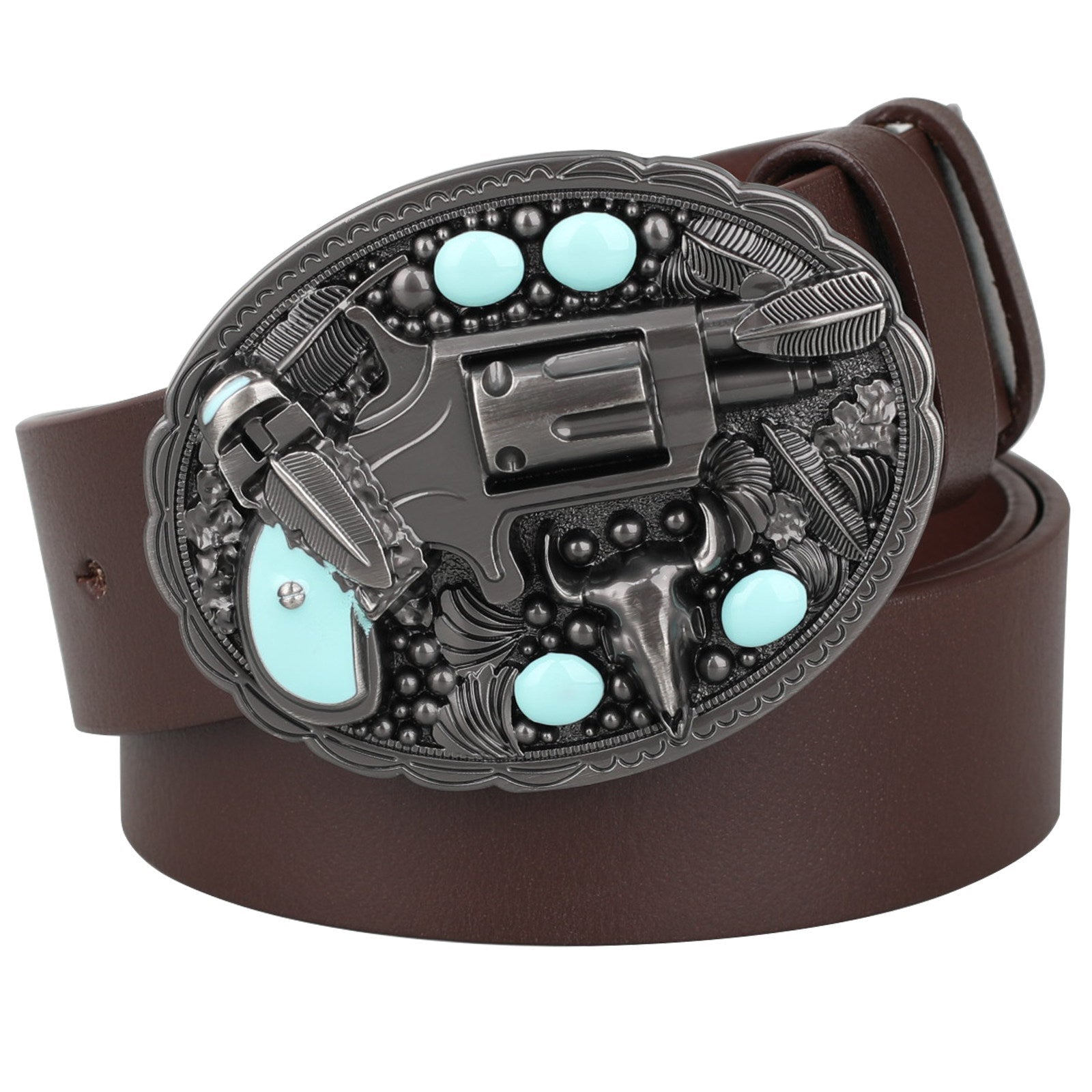 Mens Genuine Leather Western Belt Turquoise Revolver Longhorn Buckle - CowderryBeltsDark Brown