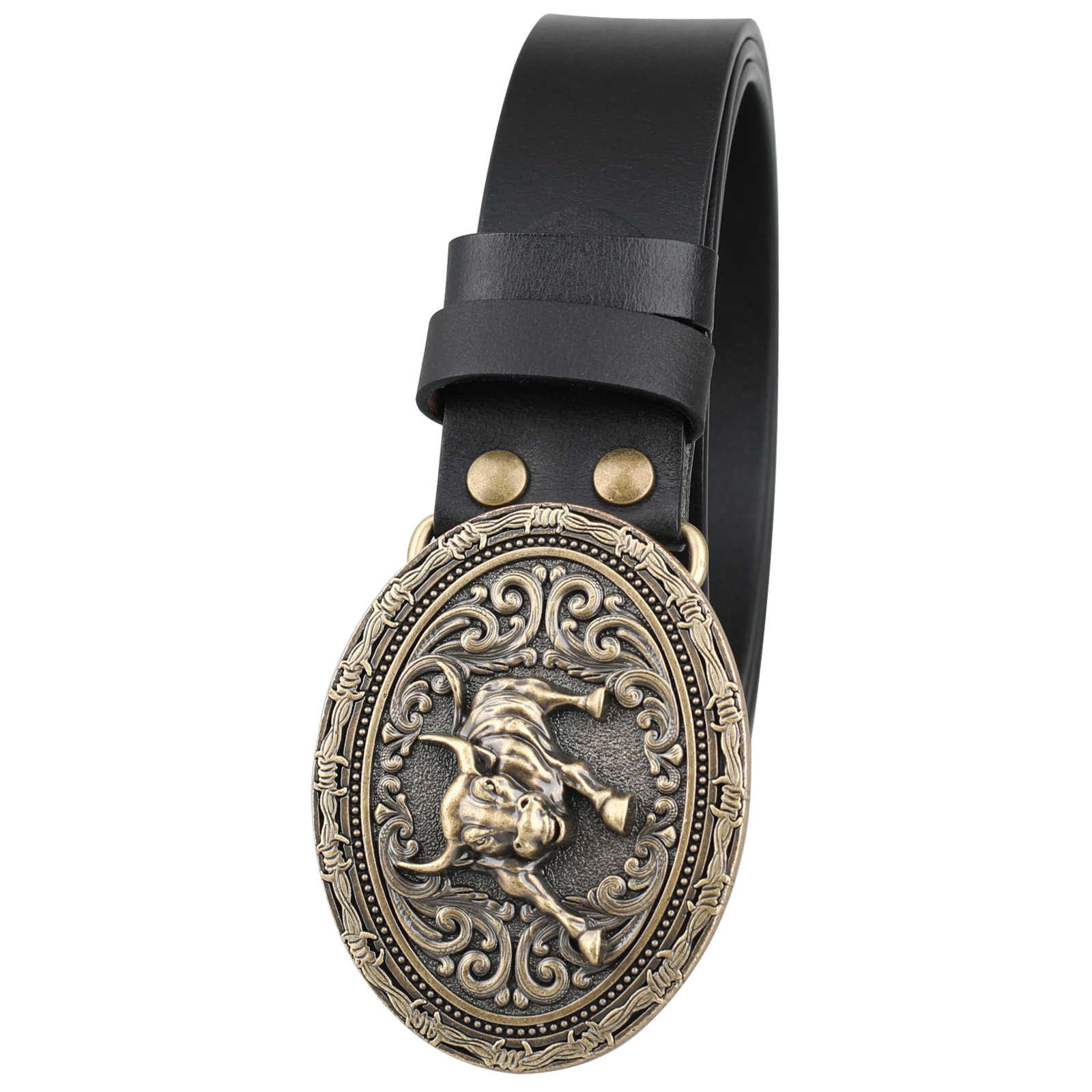 Mens Genuine Leather Western Country Belt Antique Bronze Bull Buckle - CowderryBeltsBlack
