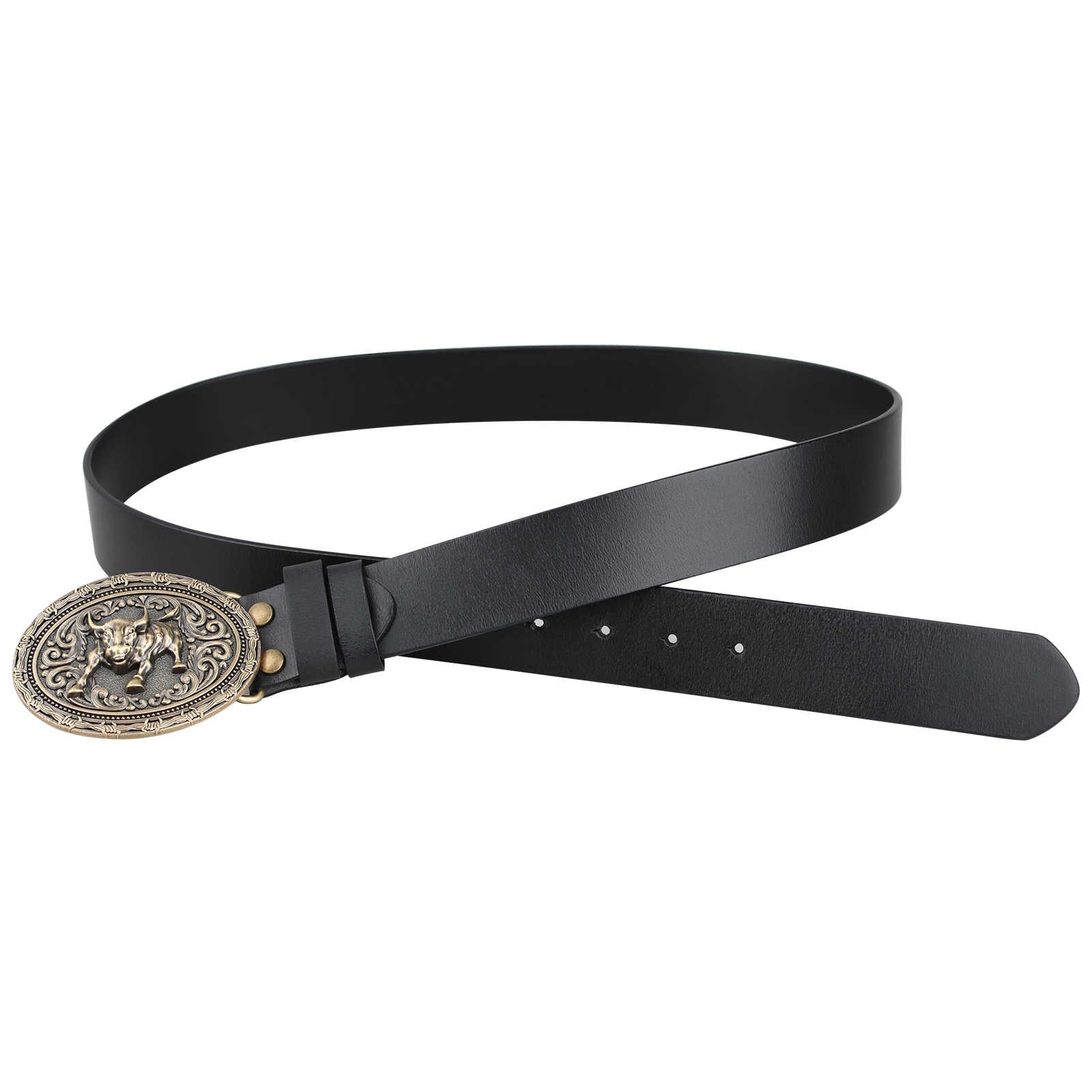 Mens Genuine Leather Western Country Belt Antique Bronze Bull Buckle - CowderryBeltsBlack