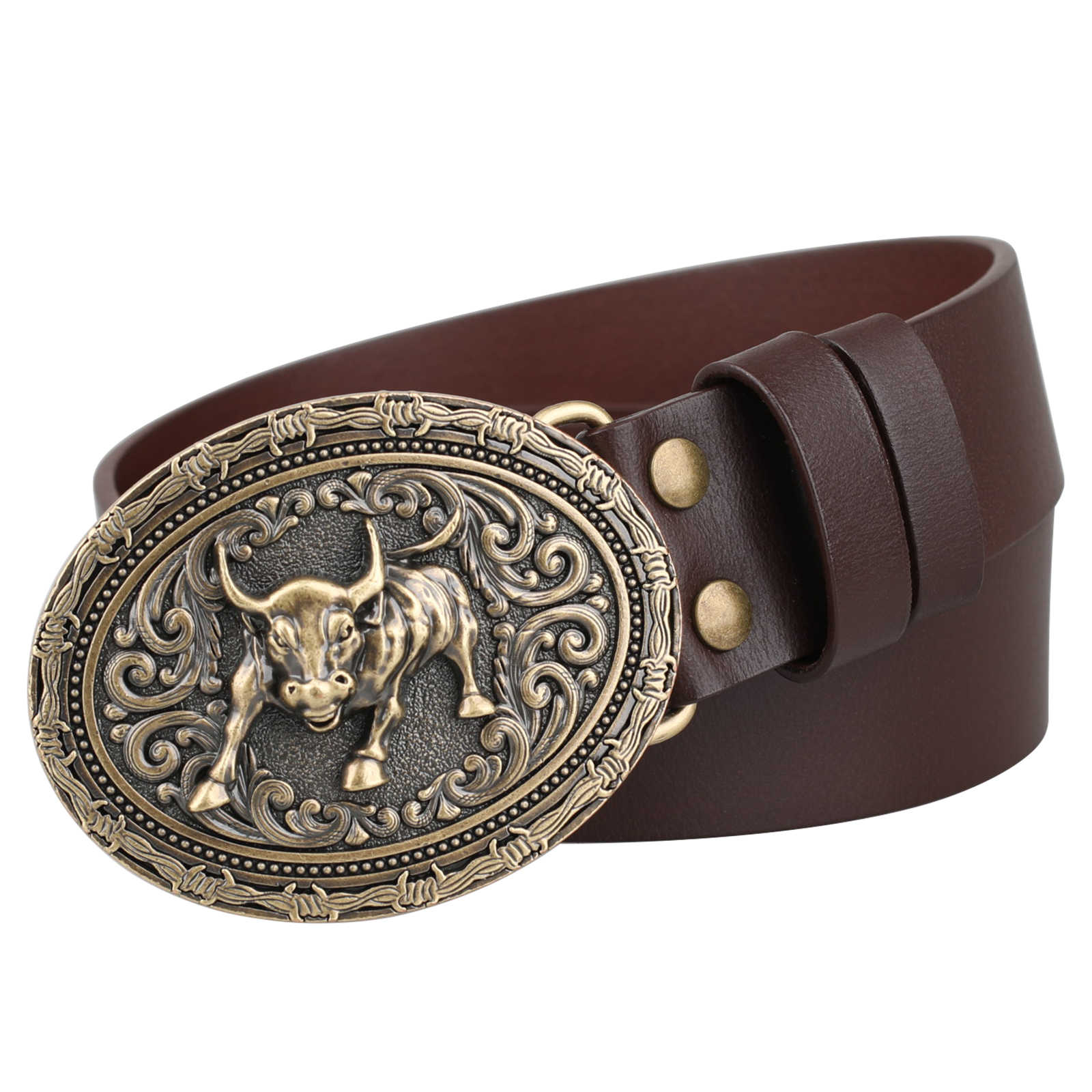 Mens Genuine Leather Western Country Belt Antique Bronze Bull Buckle - CowderryBeltsDark Brown