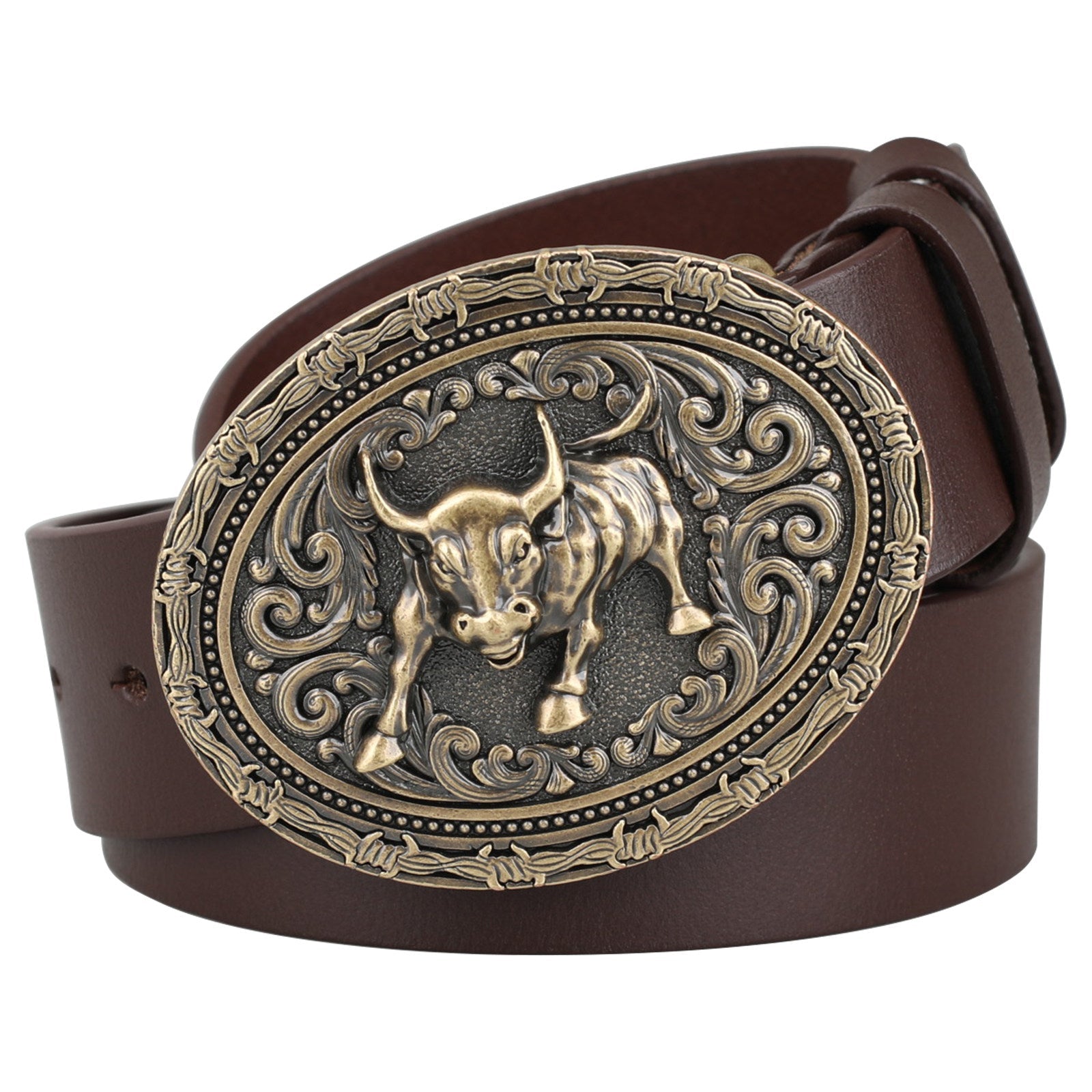 Mens Genuine Leather Western Country Belt Antique Bronze Bull Buckle - CowderryBeltsDark Brown