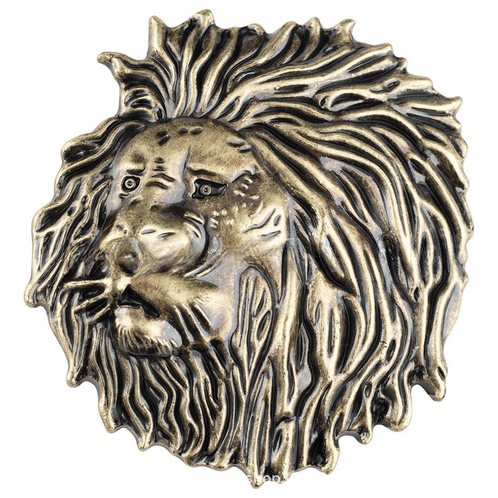 Mens Lion Head Black Leather Belt and Bolo Tie Set