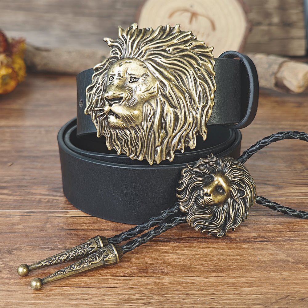 Mens Lion Head Black Leather Belt and Bolo Tie Set - CowderryBelts28-34 (Fit Waist 26-32 in)