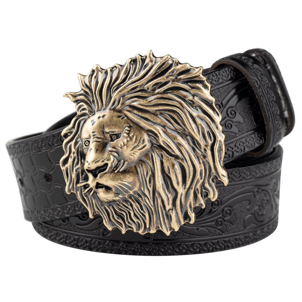 Mens Lion Head Buckle Leather Belt Embossed Western - CowderryBeltsAntique Gold