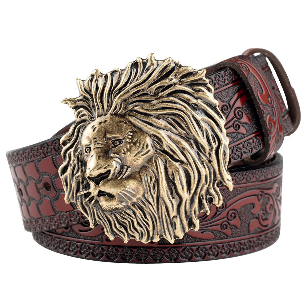 Mens Lion Head Buckle Leather Belt Embossed Western - CowderryBeltsAntique Gold