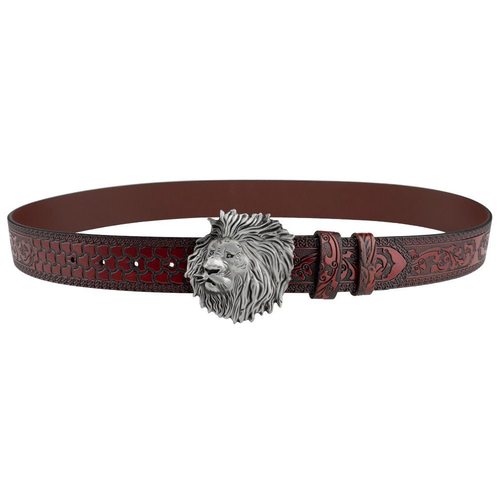 Mens Lion Head Buckle Leather Belt Embossed Western - CowderryBeltsAntique Gold