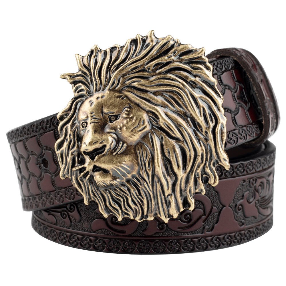 Mens Lion Head Buckle Leather Belt Embossed Western - CowderryBeltsAntique Gold