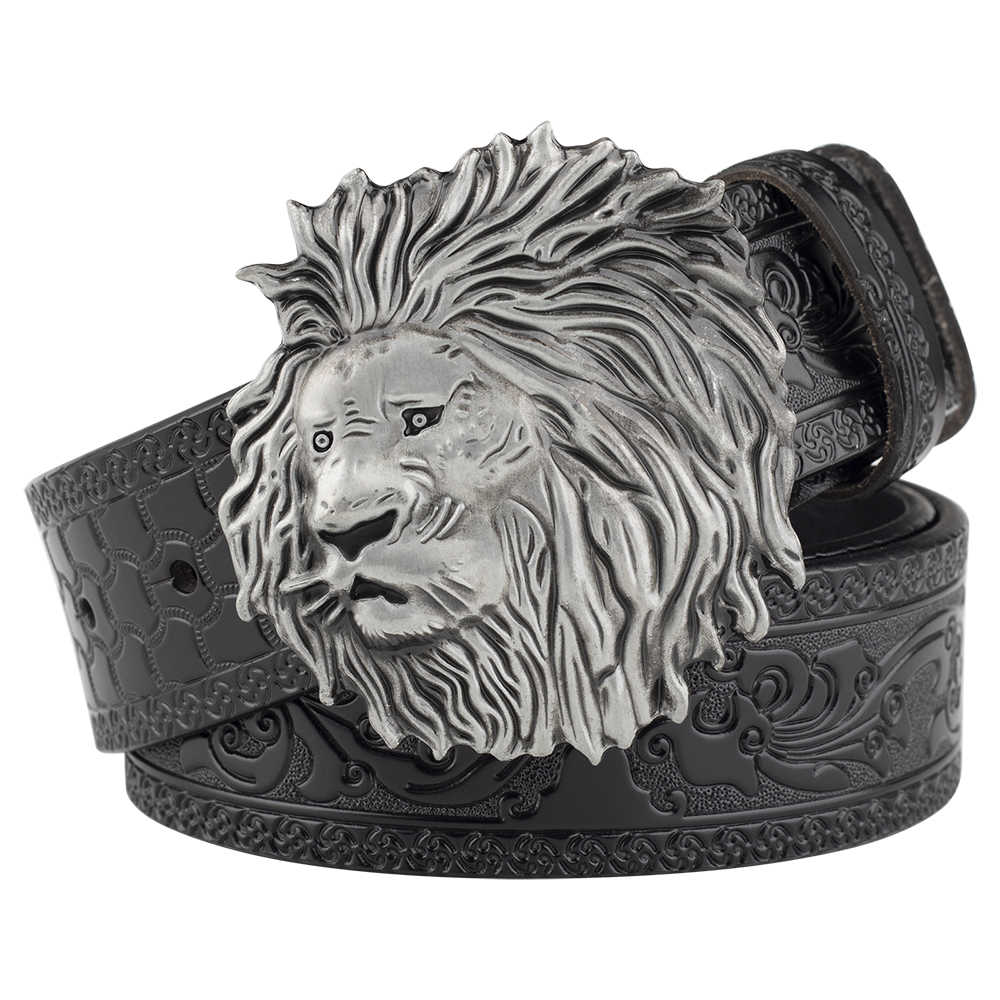 Mens Lion Head Buckle Leather Belt Embossed Western - CowderryBeltsAntique Silver