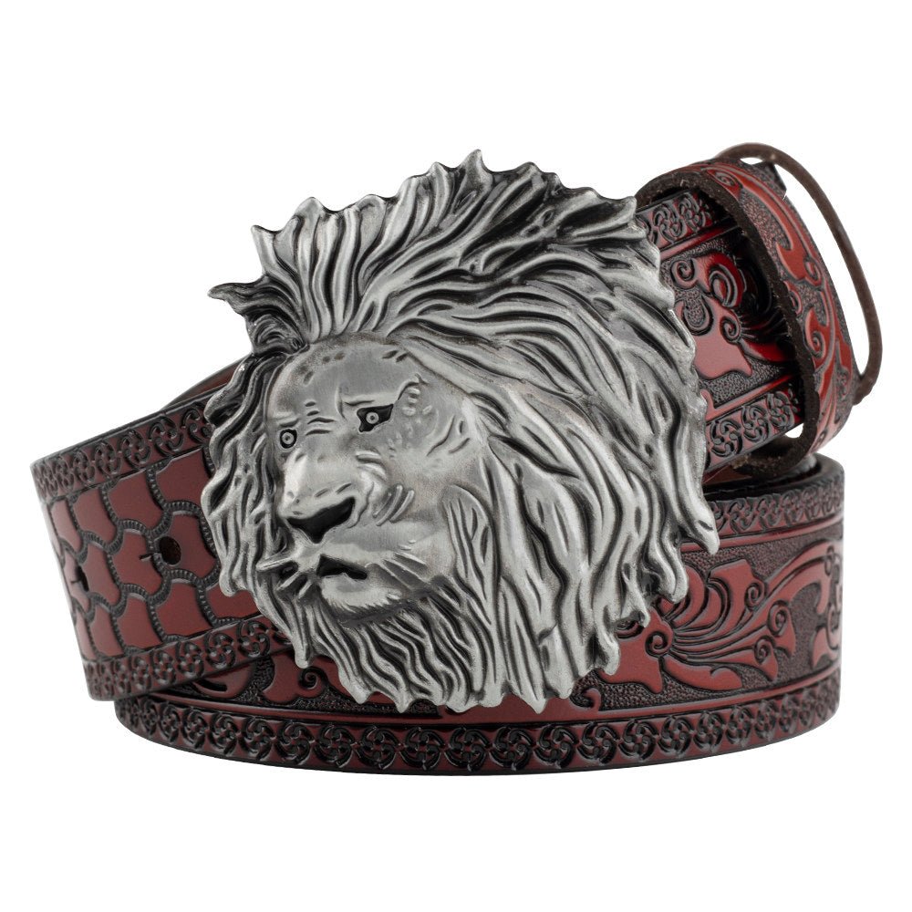 Mens Lion Head Buckle Leather Belt Embossed Western - CowderryBeltsAntique Silver