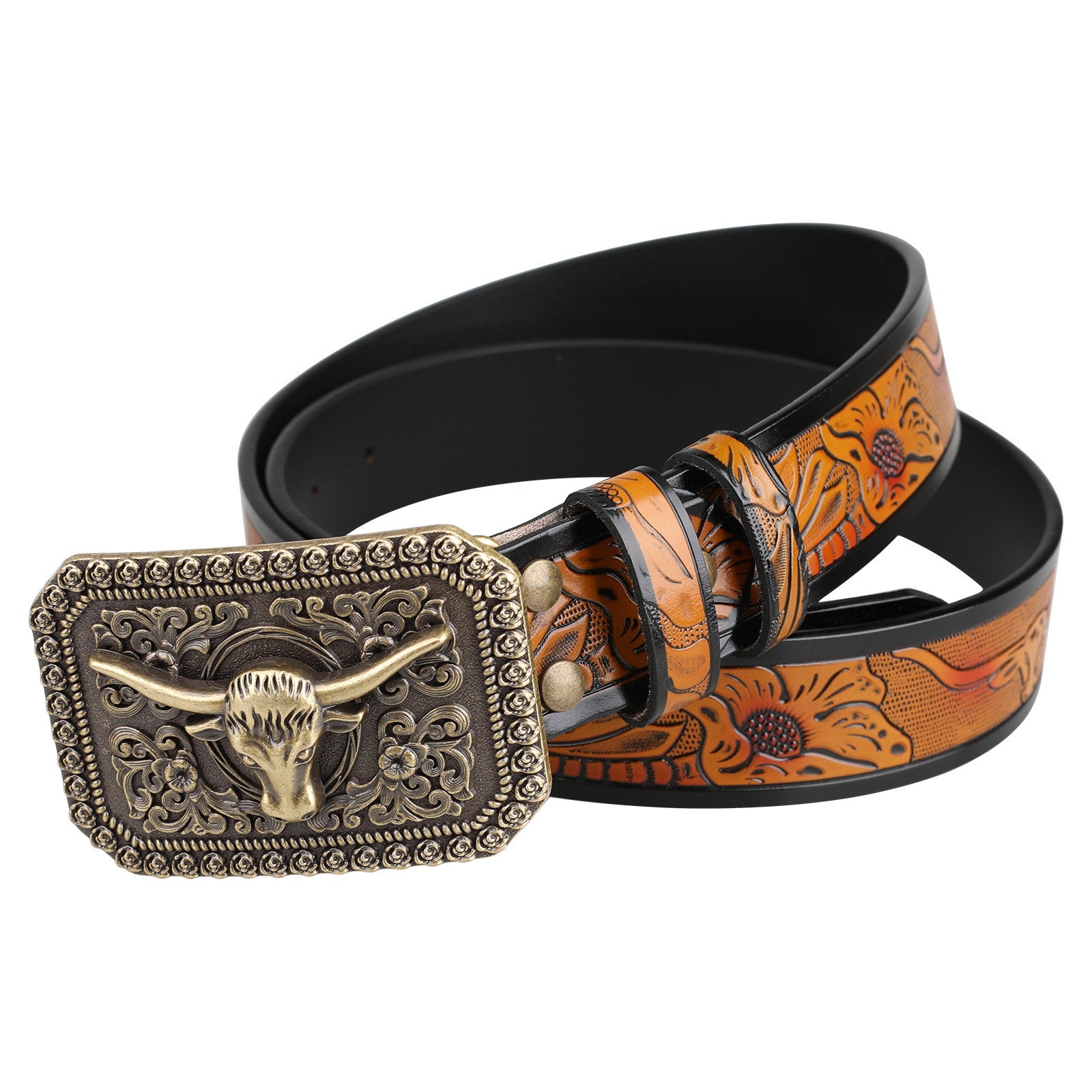 Mens Longhorn Western Leather Belt with Antique Bronze Bull Buckle - CowderryBeltsBrown and Black