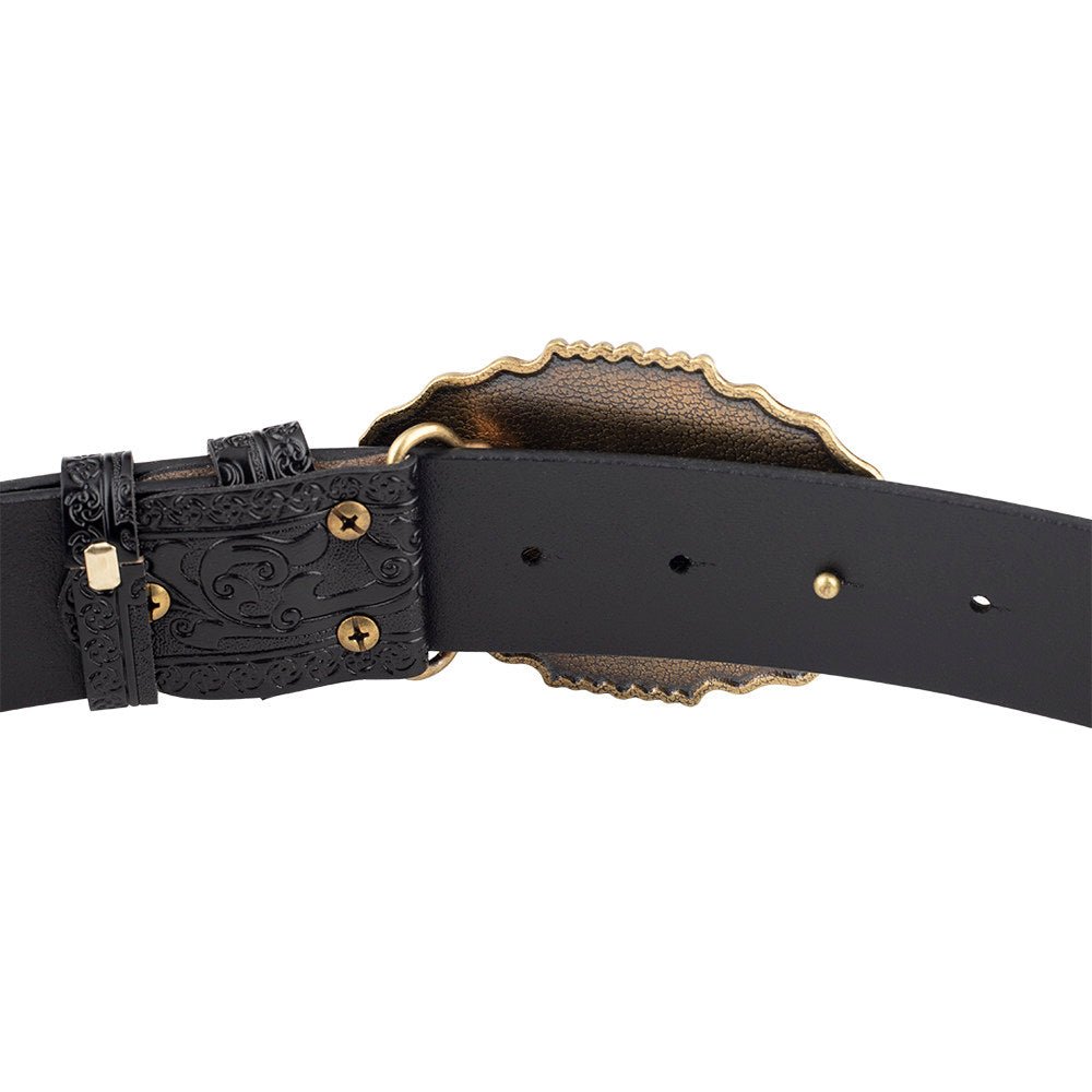 Mens Western Floral Tooled Leather Belt Bull Skull Gold Octagon Buckle Cowboy - CowderryBeltsBlack