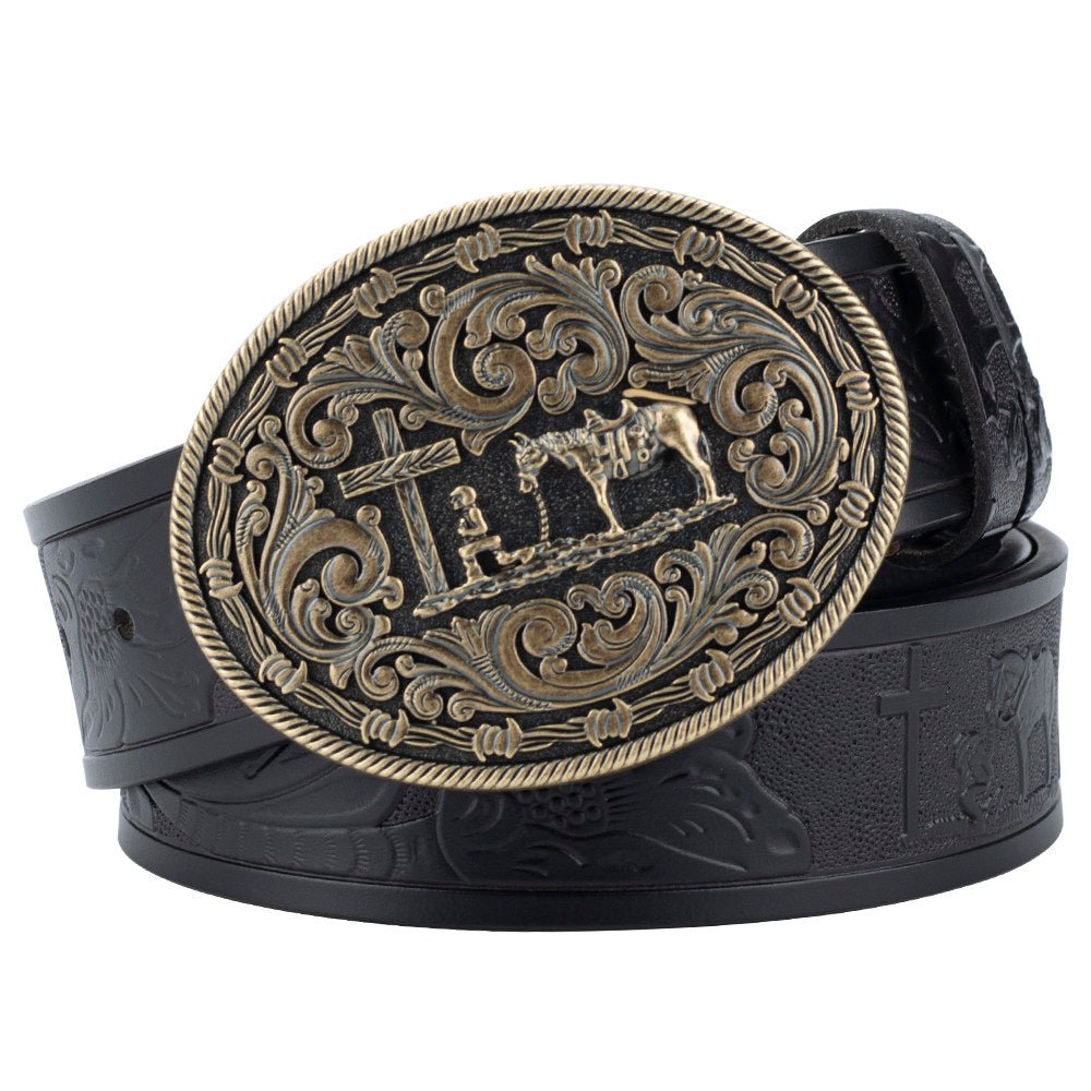 Mens Western Floral Tooled Leather Belt Cowboy Praying Cross Horse Buckle - CowderryBeltsAntique Gold