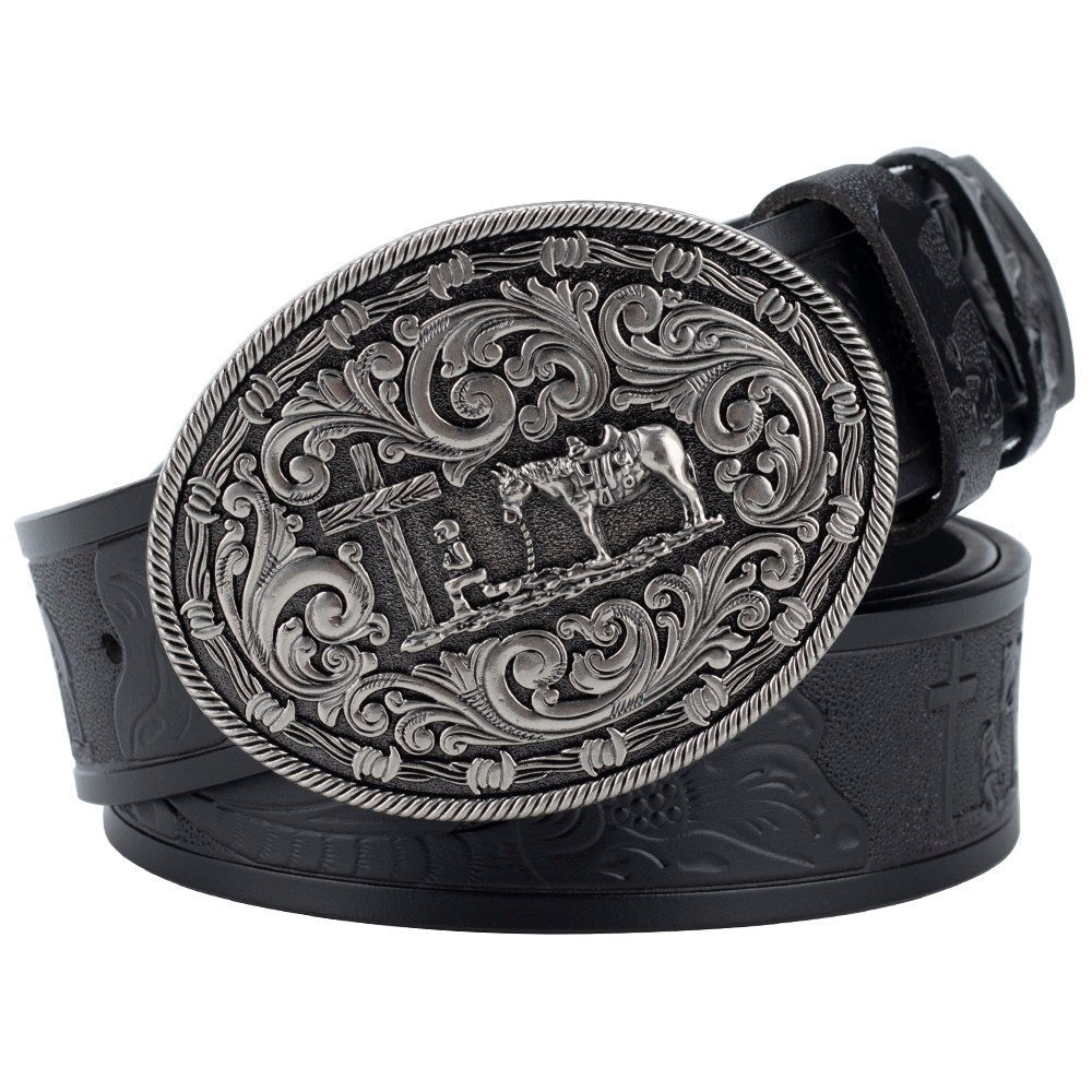 Mens Western Floral Tooled Leather Belt Cowboy Praying Cross Horse Buckle - CowderryBeltsAntique Silver