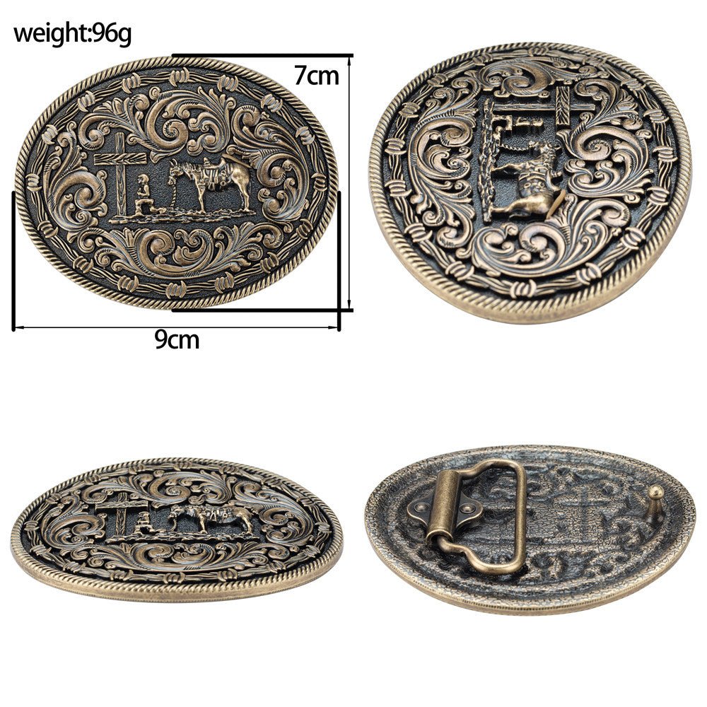 Mens Western Floral Tooled Leather Belt Cowboy Praying Cross Horse Buckle - CowderryBeltsAntique Silver