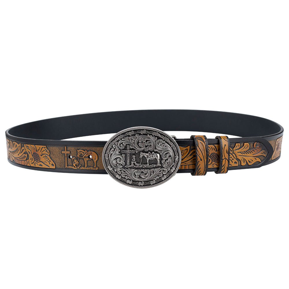 Mens Western Floral Tooled Leather Belt Cowboy Praying Cross Horse Buckle - CowderryBeltsAntique Silver
