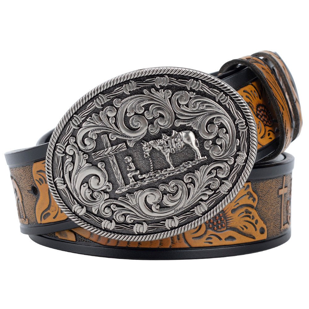 Mens Western Floral Tooled Leather Belt Cowboy Praying Cross Horse Buckle - CowderryBeltsAntique Silver