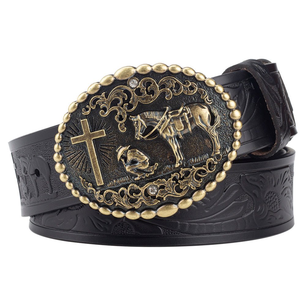 Mens Western Leather Belt Praying Cowboy Cross Horse Oval Buckle - CowderryBeltsAntique Gold