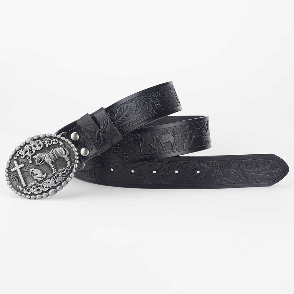 Mens Western Leather Belt Praying Cowboy Cross Horse Oval Buckle - CowderryBeltsAntique Gold
