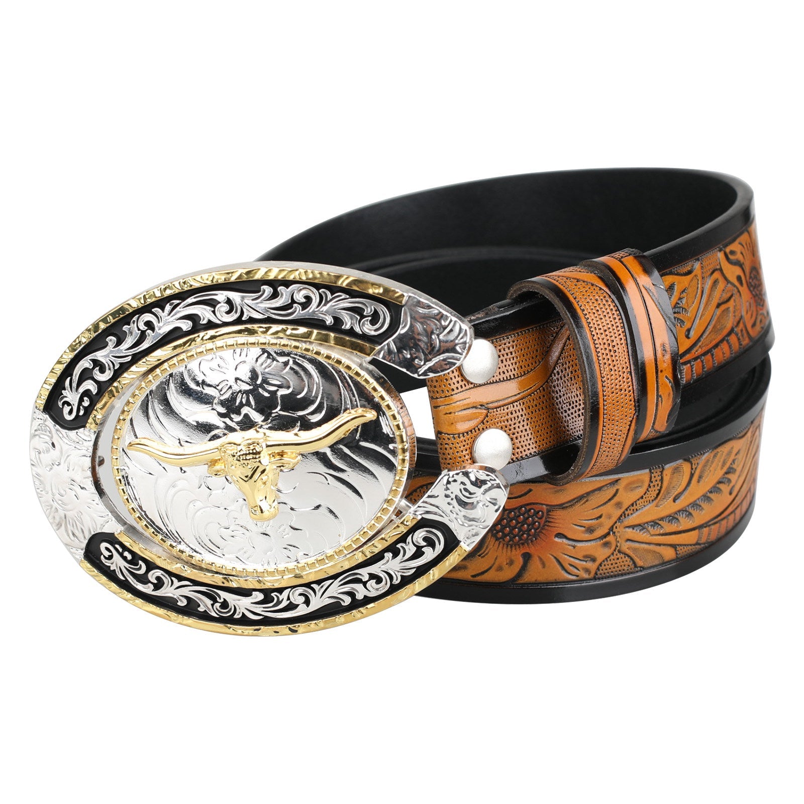 Mens Western Longhorn Floral Tooled Leather Belt Gold Silver Oval Buckle Cowboy - CowderryBeltsBrown and Black