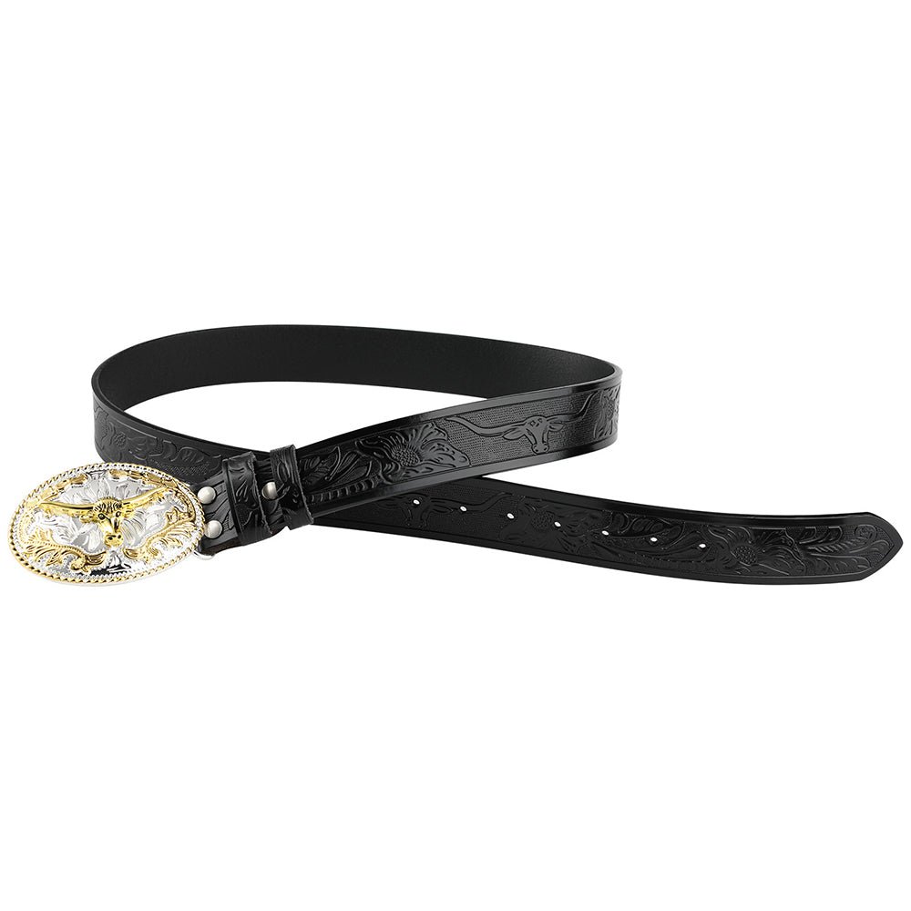 Mens Western Longhorn Leather Belt Gold Silver Oval Bull Buckle Cowboy - CowderryBeltsBrown and Black
