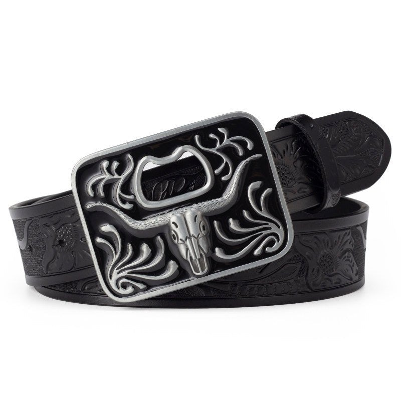 Mens Western Longhorn Tooled Cowboy Leather Belt Bottle Opener Buckle - CowderryBeltsBlack