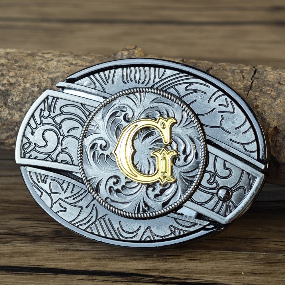 Metal Oval Cowboys Initial A To Z Belt Buckle - CowderryBelt BucklesG
