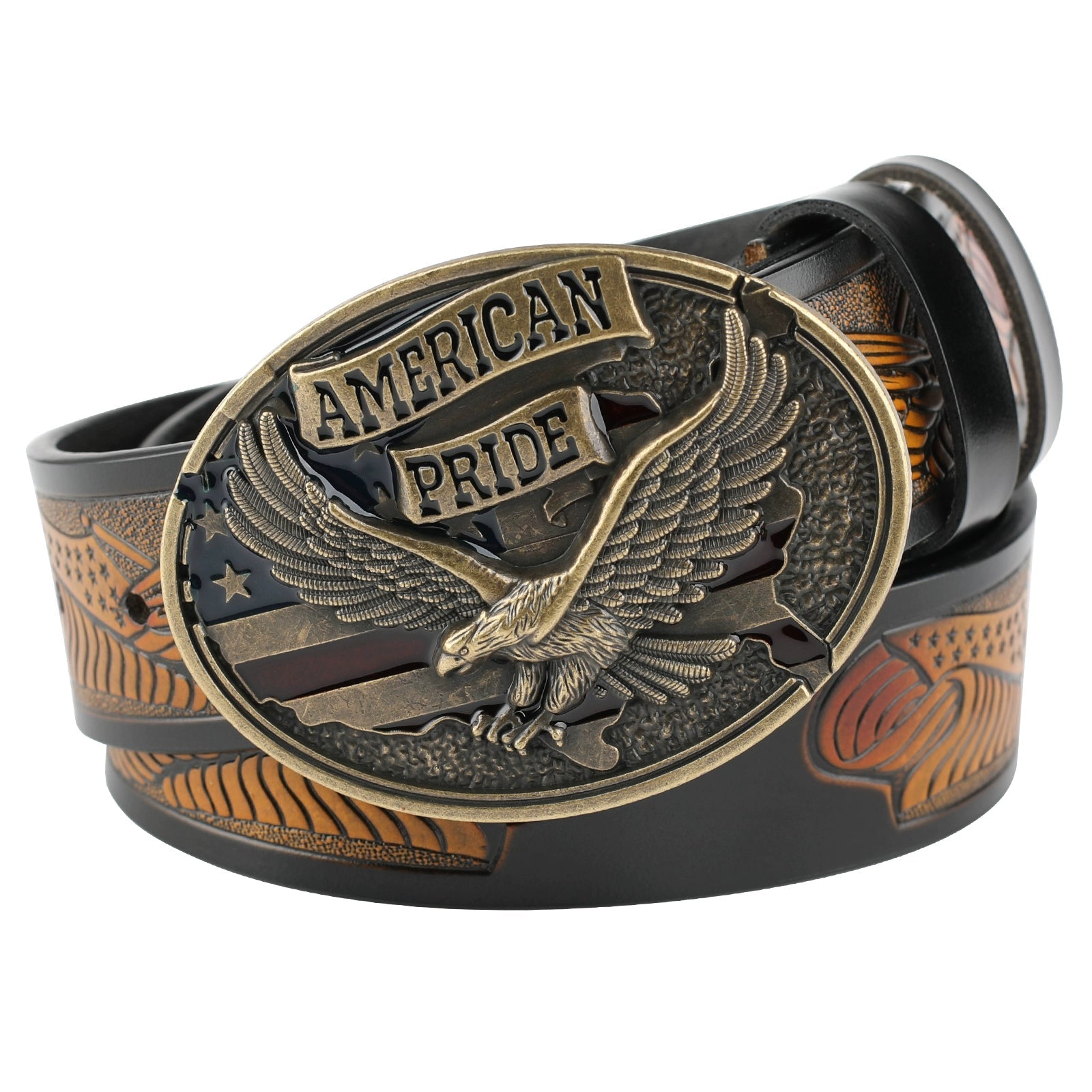 Patriotic American Eagle Western Leather Belt USA Flag Style - CowderryBeltsBrown