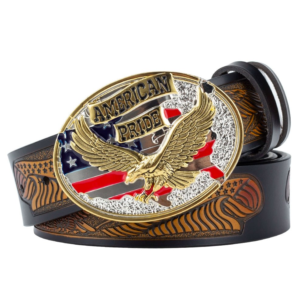 Patriotic American Eagle Western Leather Belt USA Flag Style - CowderryBeltsGold