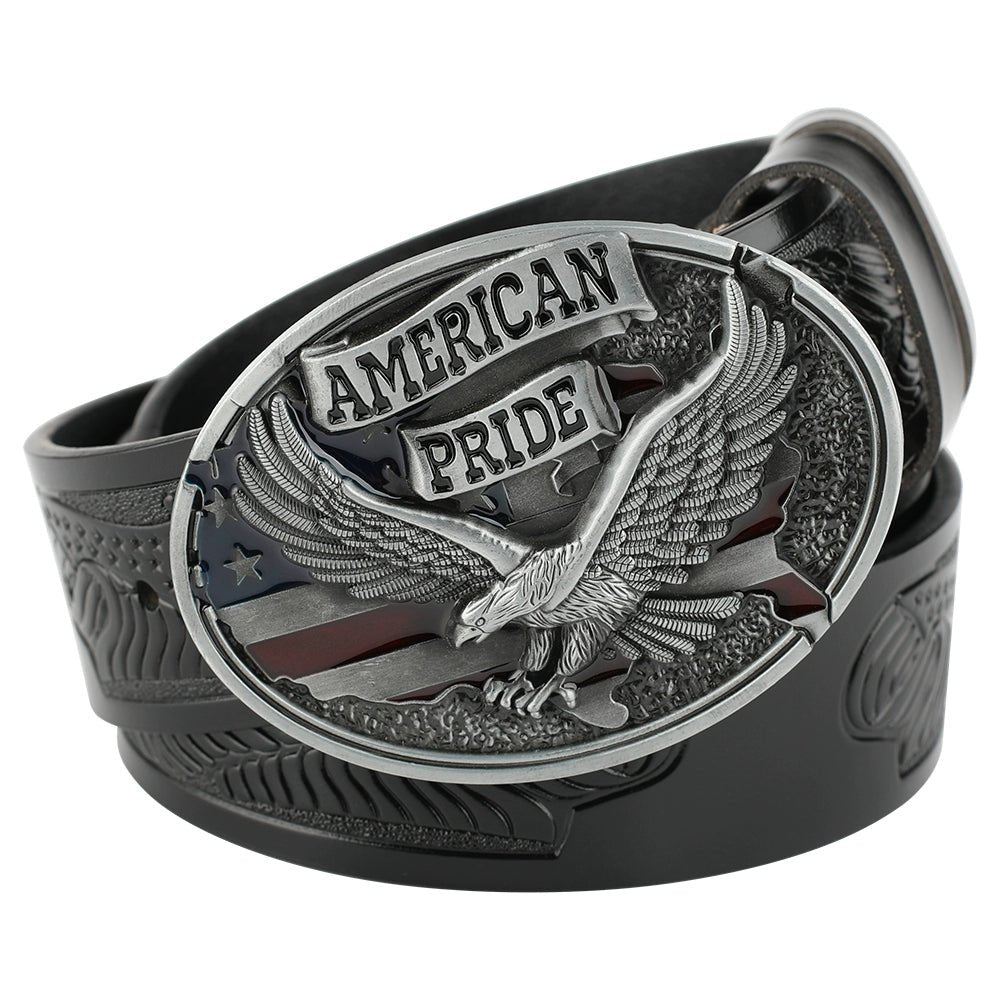 Patriotic American Eagle Western Leather Belt USA Flag Style - CowderryBeltsGrey