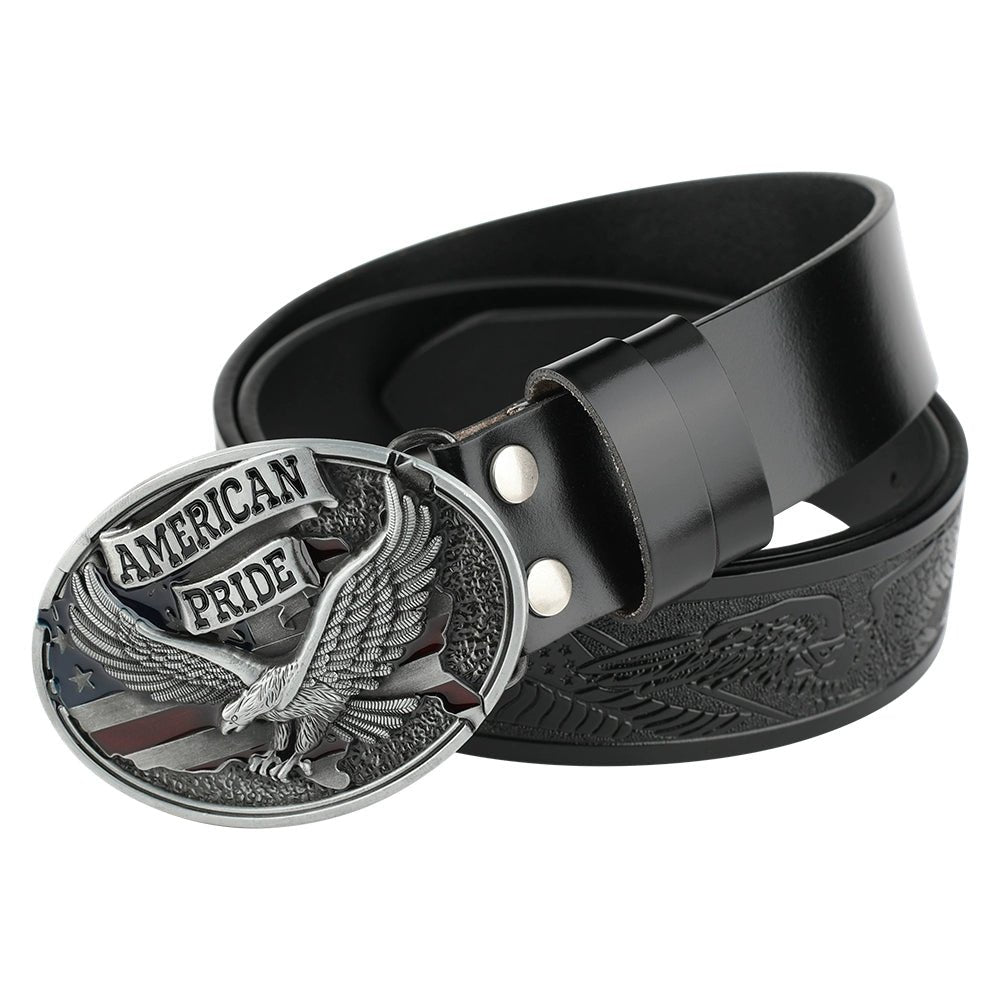 Patriotic American Eagle Western Leather Belt USA Flag Style - CowderryBeltsGrey