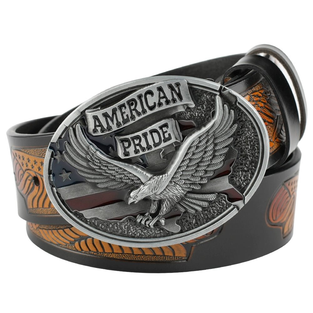 Patriotic American Eagle Western Leather Belt USA Flag Style - CowderryBeltsGrey