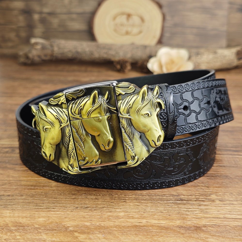 Retro Horse Head Embossed Leather Black Belt with Detachable Lighter Buckle - CowderryBeltsSilver