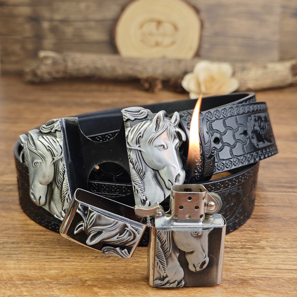 Retro Horse Head Embossed Leather Black Belt with Detachable Lighter Buckle - CowderryBeltsSilver