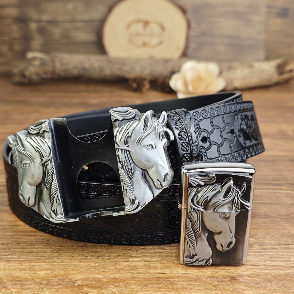 Retro Horse Head Embossed Leather Black Belt with Detachable Lighter Buckle - CowderryBeltsSilver