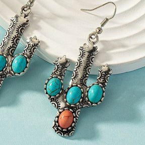 Retro Western Oval Turquoise Cactus Earrings - CowderryC3049