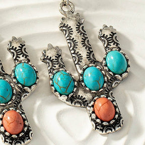 Retro Western Oval Turquoise Cactus Earrings - CowderryC3049