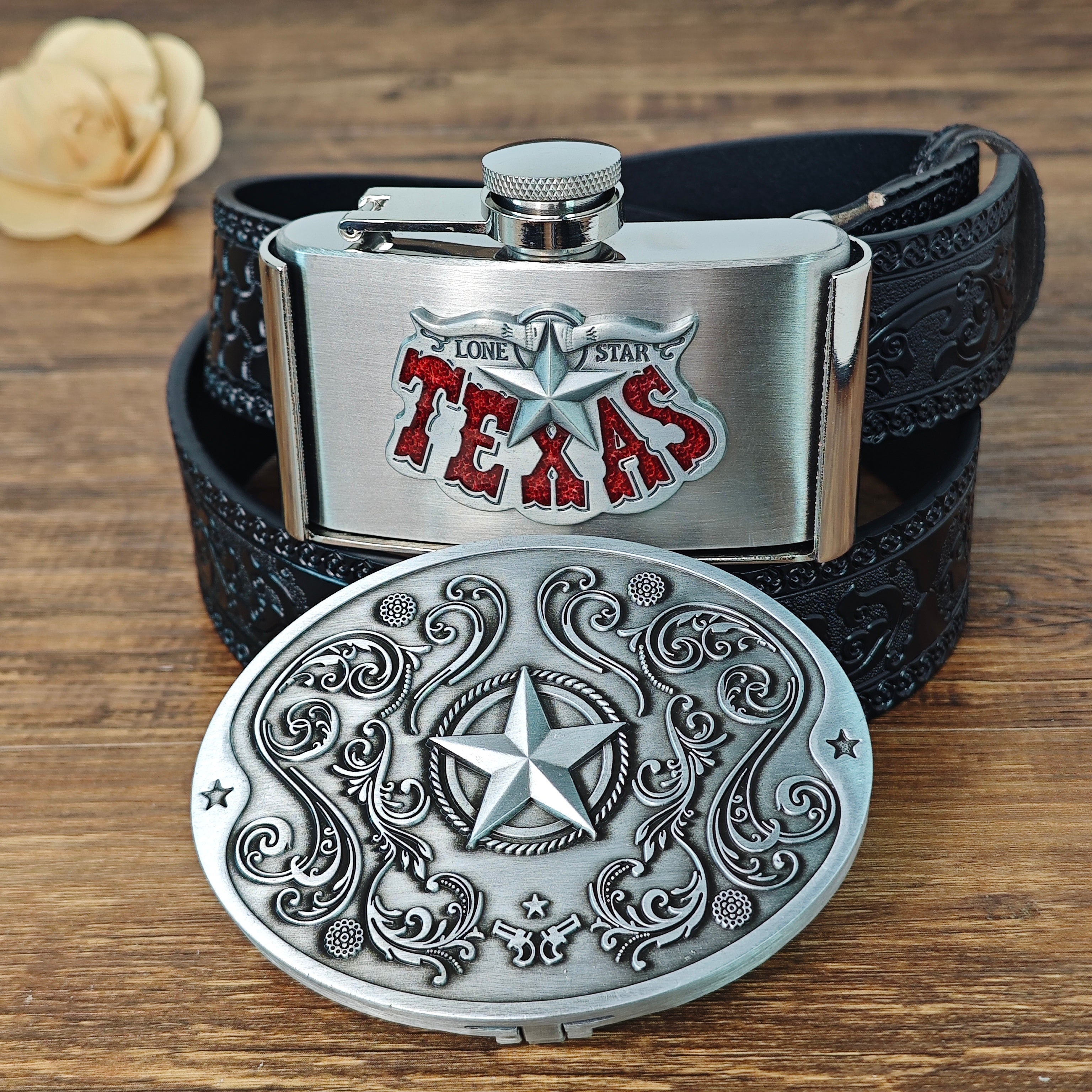 Texas Belt Gift Set with Flask and Beer Can Holder - CowderryBelts28-34 (Fit Waist 26-32 in)