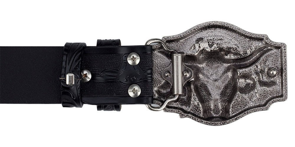 Texas Longhorn Bull Leather Cowboy Belt with Retro Rodeo Buckle - CowderryBeltsAntique Silver
