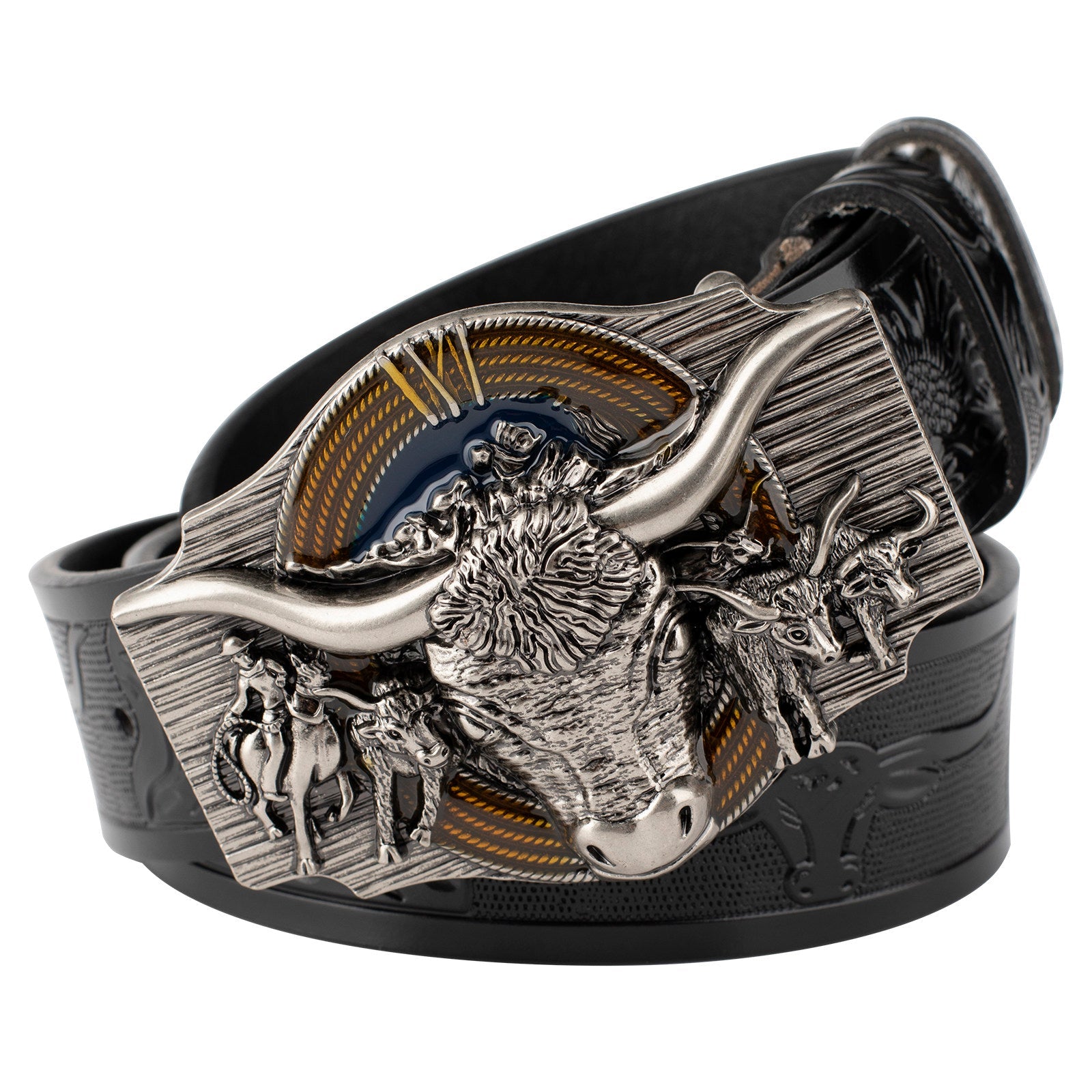 Texas Longhorn Bull Leather Cowboy Belt with Retro Rodeo Buckle - CowderryBeltsAntique Silver