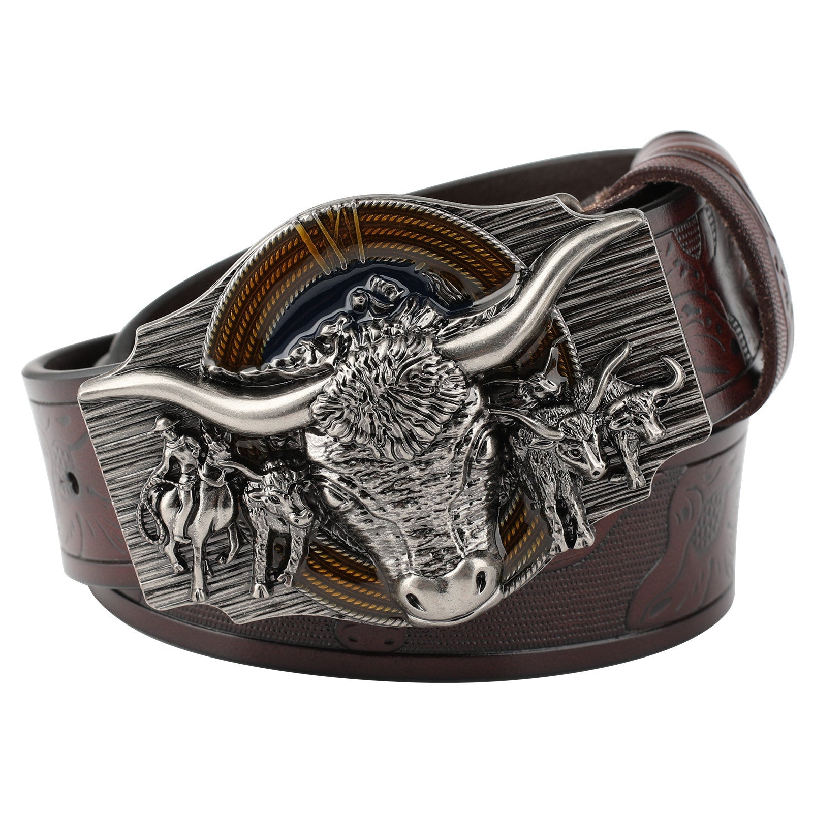 Texas Longhorn Bull Leather Cowboy Belt with Retro Rodeo Buckle - CowderryBeltsAntique Silver