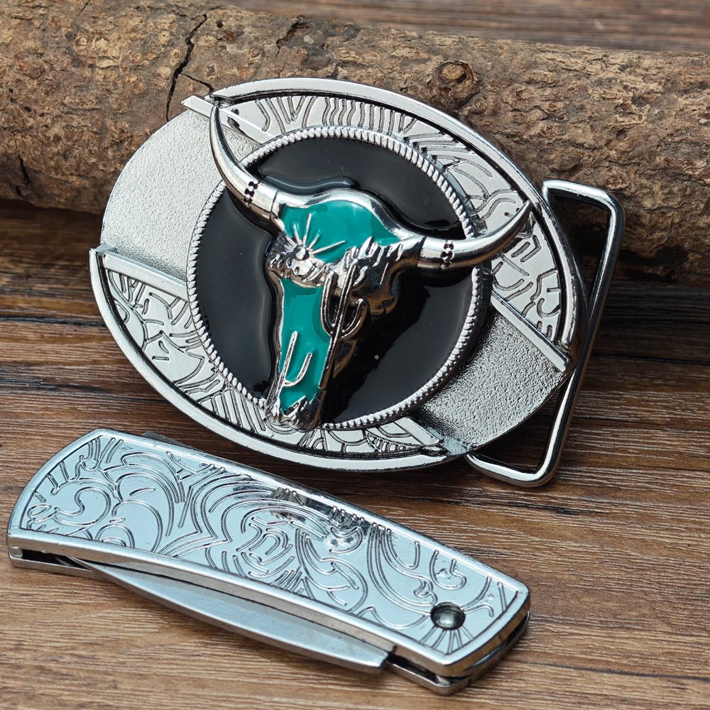 Turquoise Longhorn Skull Western Belt Buckle White - CowderryCool Belt Buckle