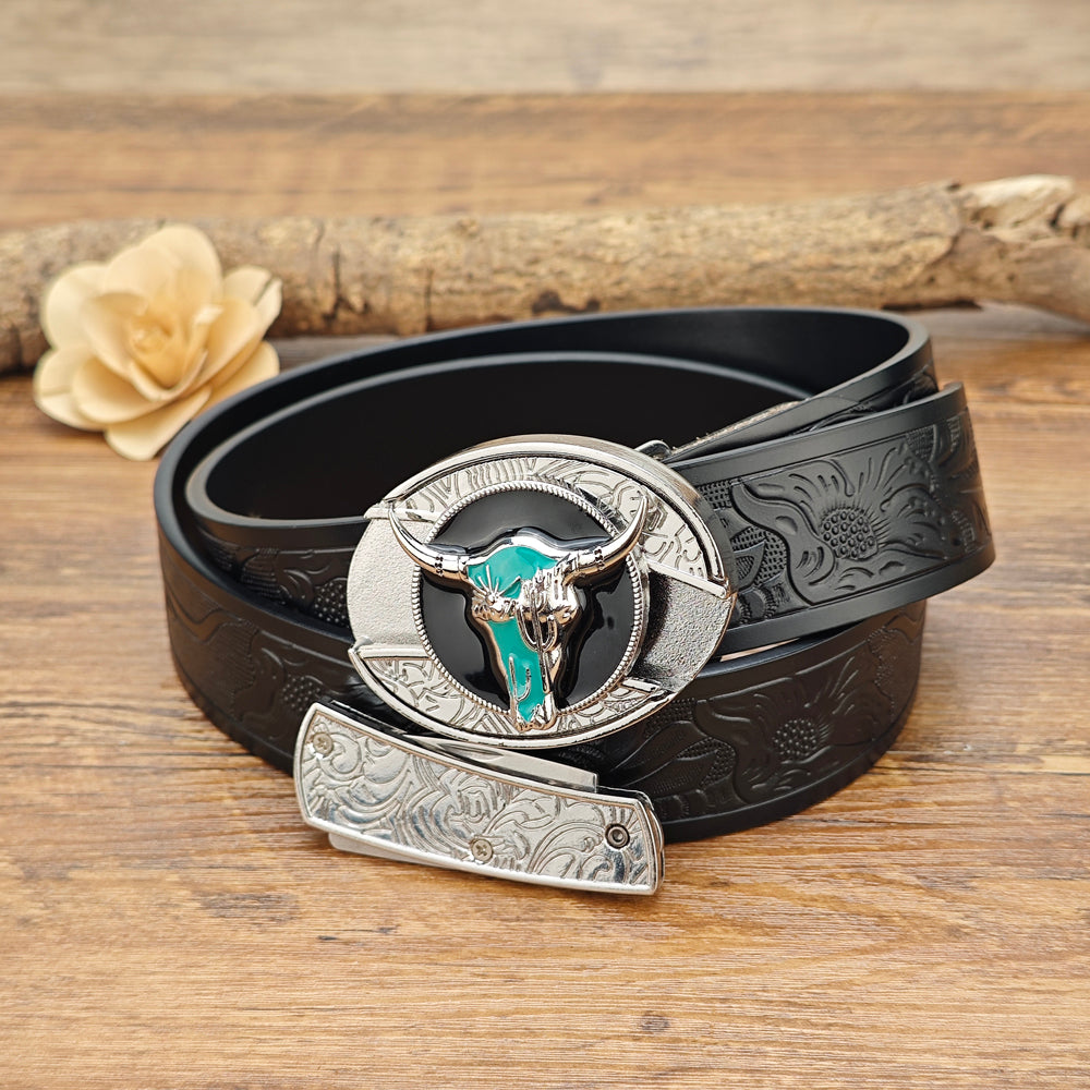 Turquoise Longhorn Belt with Tooled Black Leather
