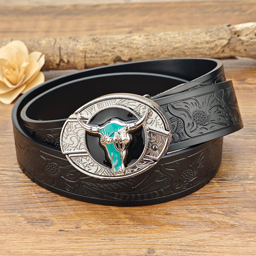 Turquoise Longhorn Belt with Tooled Black Leather