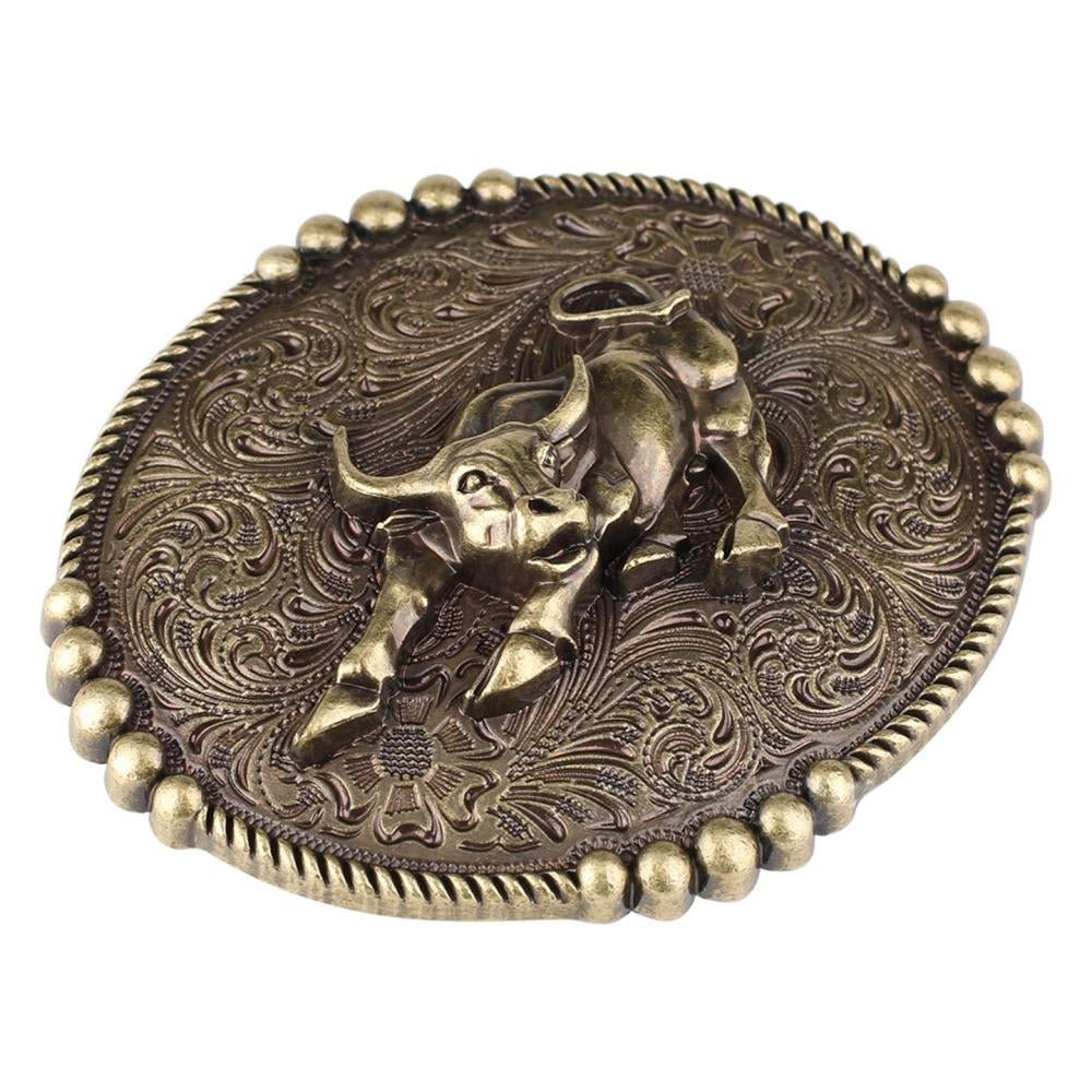 Vintage Bull Western Belt Buckle with Antique Bronze Engraving - CowderryBelt Buckles