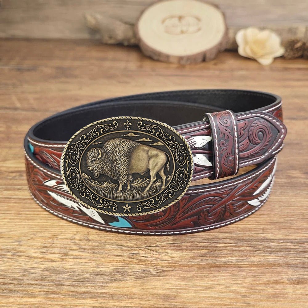 Vintage Feather Belt with American Bison Buffalo Buckle - CowderryWestern Belts31-34 (Fit Waist 29-32 in)