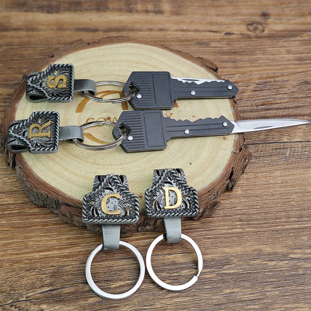 Vintage Western Cow Tag Initial Keychain Holder - CowderryA