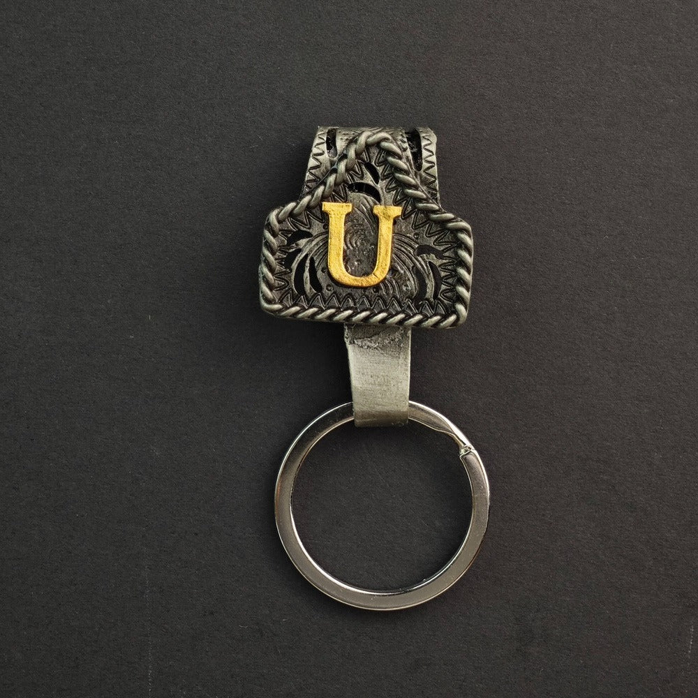 Vintage Western Cow Tag Initial Keychain Holder - CowderryU
