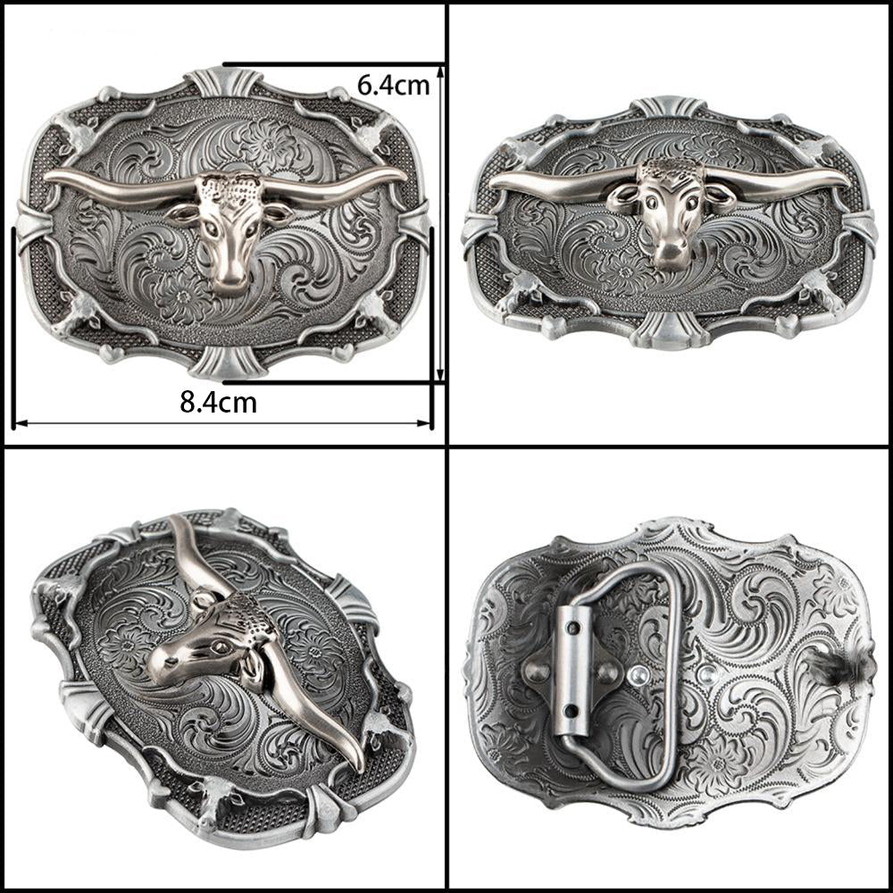 Western Belt Buckle Antique Silver Cowboy Boot Longhorn Floral Scroll - CowderryBelt BucklesLonghorn