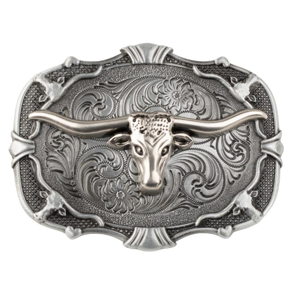 Western Belt Buckle Antique Silver Cowboy Boot Longhorn Floral Scroll - CowderryBelt BucklesLonghorn