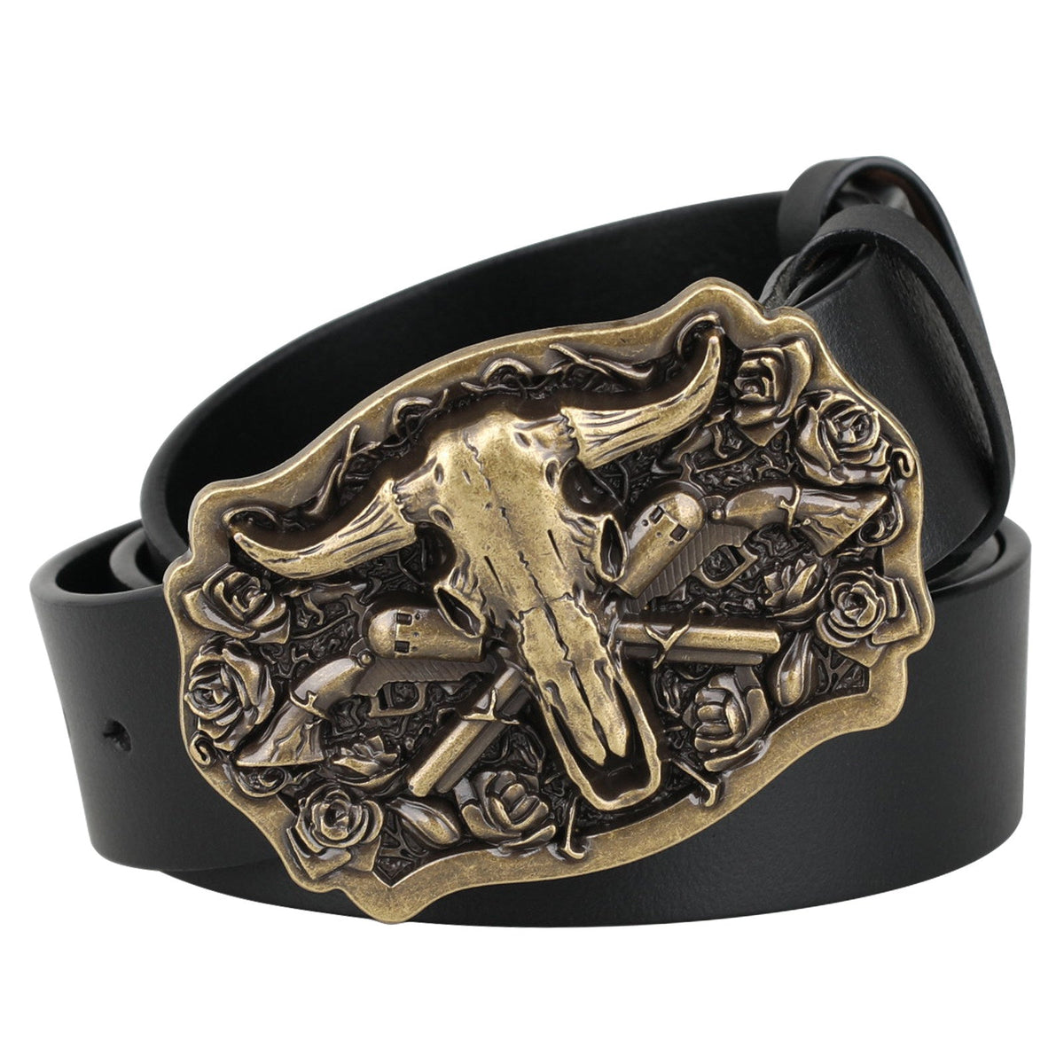 Western Belt with Antique Gold Bull Skull Buckle - CowderryWestern BeltsRose Skull